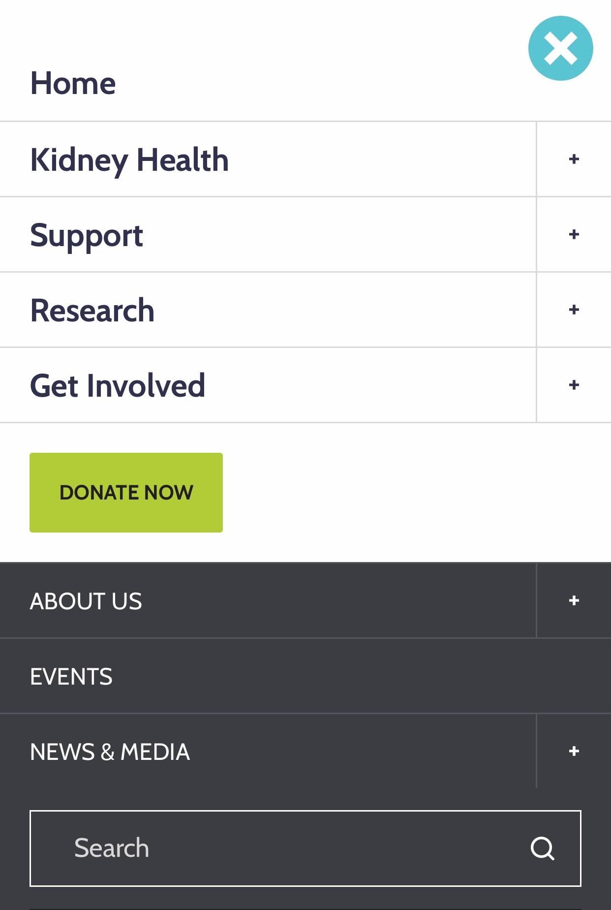 Kidney Foundation of Canada's navigation on mobile